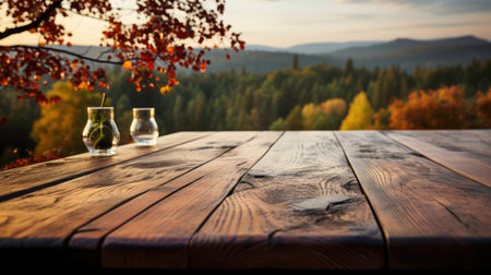Wooden countertop on a blurred background of autumn colorful landscape. Generated by AIの素材