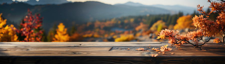 Wooden countertop on a blurred background of autumn colorful landscape. Generated by AIの素材
