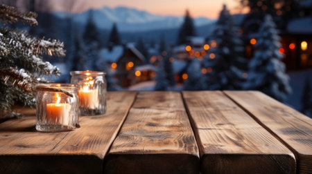 Wooden countertop on a blurred background of a snowy winter landscape. Generated by AIの素材