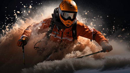 The skier confidently and accurately descends, dressed in bright ski equipment. Generated by AIの素材