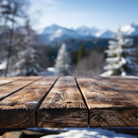 Wooden countertop on a blurred background of a snowy winter landscape. Generated by AIの素材
