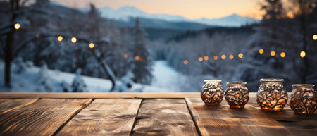 Wooden countertop on a blurred background of a snowy winter landscape. Generated by AIの素材
