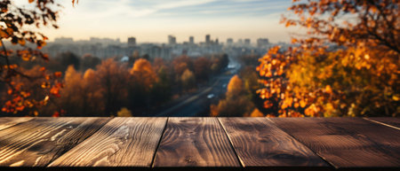 Wooden countertop on a blurred background of autumn colorful landscape. Generated by AIの素材