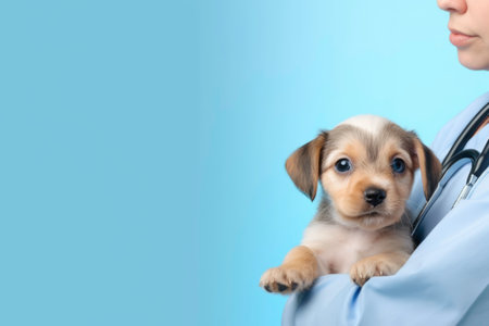 Veterinary examination of dogs. Puppy in the hands of a doctor at a veterinary clinic. Generated by AIの素材