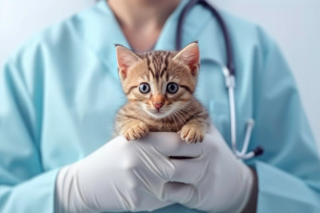 The doctor veterinarian is holding a little kitten. Generated by AIの素材