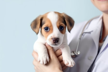 Veterinary examination of dogs. Puppy in the hands of a doctor at a veterinary clinic. Generated by AIの素材