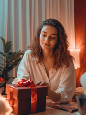 Photo of a curious young woman opening a gift. Generated by AIの素材