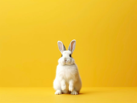 A cute white rabbit sits on a yellow copy background. Generated by AIの素材