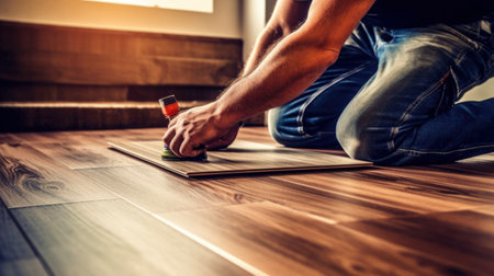 Professional builder man laying laminate at home. Generated by AIの素材