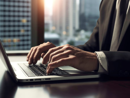 Businessman hand using laptop computer in office.Generated by AIの素材