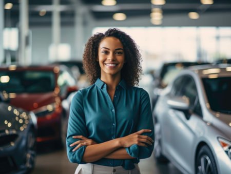 Portrait of a happy european saleswoman standing in a car showroom.Generated by AIの素材