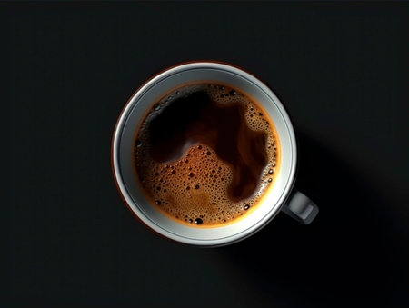 A cup of coffee on a black background. copyspace. View from above.Generated by AIの素材