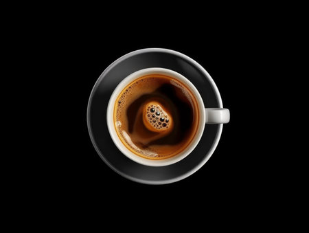 A cup of coffee on a black background. copyspace. View from above.Generated by AIの素材