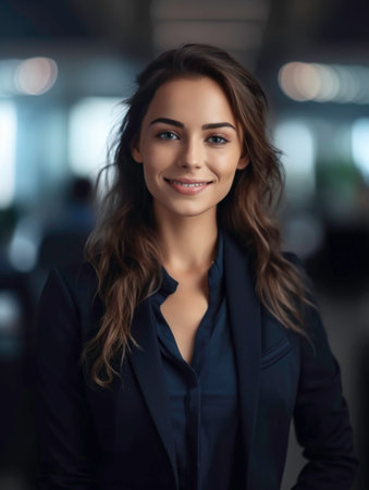 business woman on focus smiling, background with office.Generated by AIの素材