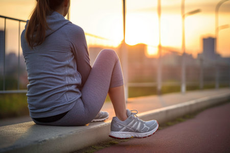 A female wearing sneakers waiting to start her jogging in the morning. generated by aiの素材