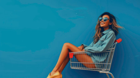 A young woman is sitting in a shopping basket. generated by aiの素材