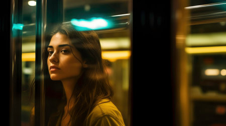train windows outside at night with a young woman's face behind the glass. generated by aiの素材
