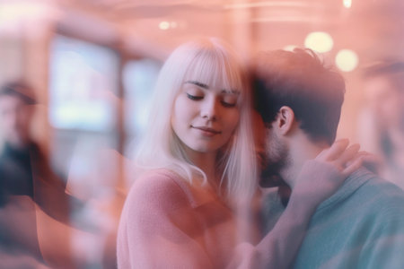 Casually dating, selective focus, pastels, video glitches, photo taken with provia. generated by aiの素材