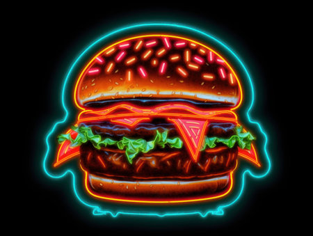 A neon logo of a burger woth the long bread. generated by aiの素材