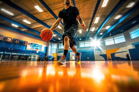 Basketball player dribbling the ball in the gym. Generated by AIの素材
