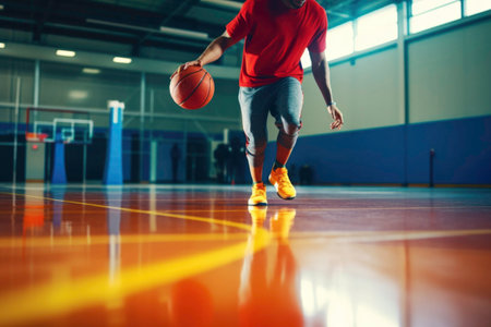 Basketball player dribbling the ball in the gym. Generated by AIの素材
