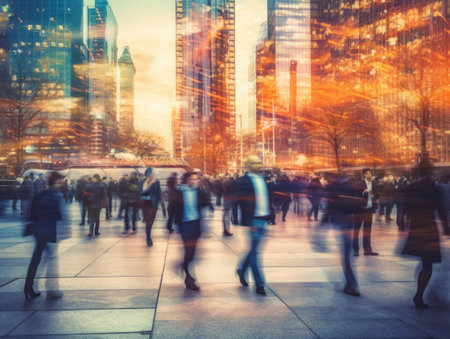 Blurred business people walking in the city scape. Generated by AIの素材