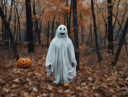 Child in costume ghost with pumpkin in forest halloween. Generated by AIの素材