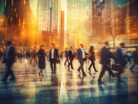 Blurred business people walking in the city scape. Generated by AIの素材