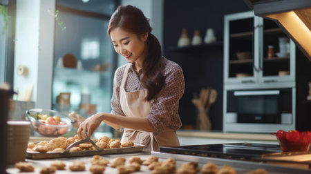 Asian woman baking cookies at home.の素材