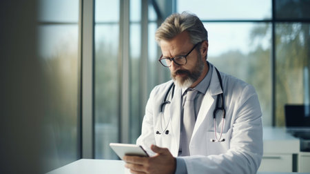 Doctor dressed in gown, stethoscope, working on tablet in modern hospital, well lit spaceの素材