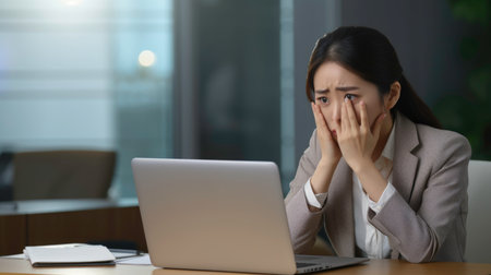 image of frustrated asian business woman during video callの素材