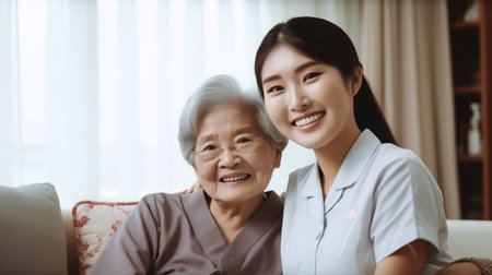 Young female nurse provide care medical service help support smiling old grandma at homecare medical visiの素材