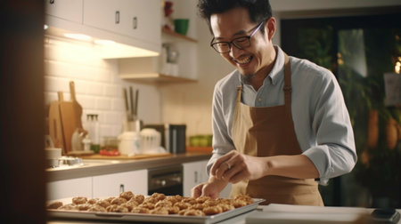 Asian woman baking cookies at home.の素材