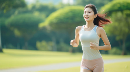 Asian woman in jogging suit running in the parkの素材