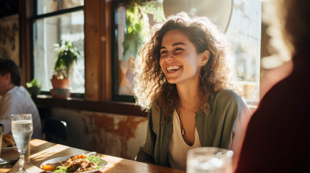 An woman sitting at a table, a restaurantの素材