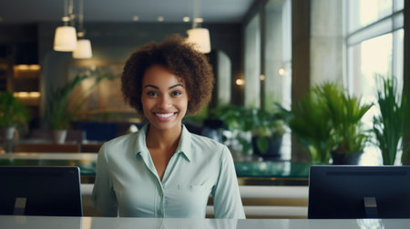 Portrait of african american woman working as a hotel receptionist, palms on backgroundの素材