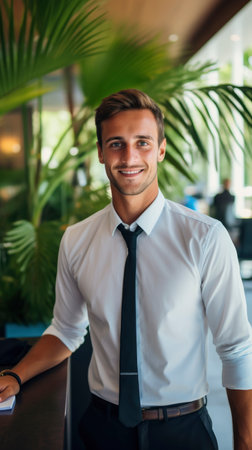 Portrait of man working as a hotel receptionist, palms on backgroundの素材