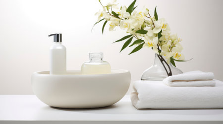 Wash basin scene, with dishcloth, soap, and vase on the table, with a simple and clean white backgroundの素材
