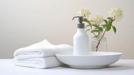 Wash basin scene, with dishcloth, soap, and vase on the table, with a simple and clean white backgroundの素材