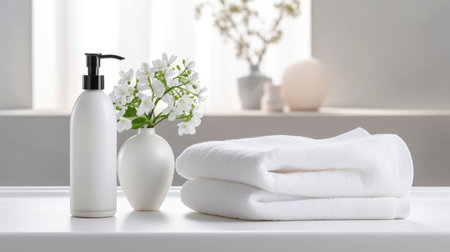 Wash basin scene, with dishcloth, soap, and vase on the table, with a simple and clean white backgroundの素材