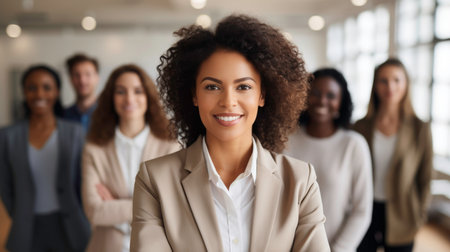 A female CEO who confidently and visionarily manages a diverse team.の素材