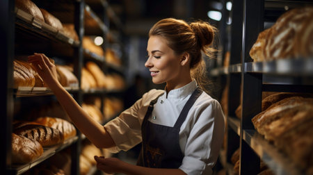 Attractive female baker between shelves looking and checking freshly baked breadの素材
