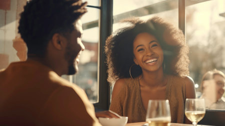 Black couple having a lunch date, smiling, warm afternoonの素材