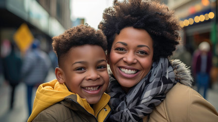 Close up of Black mother and son smilingの素材