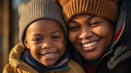 Close up of Black mother and son smilingの素材