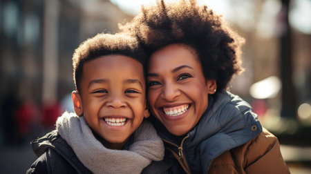 Close up of Black mother and son smilingの素材