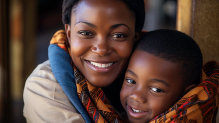 Close up of Black mother and son smilingの素材