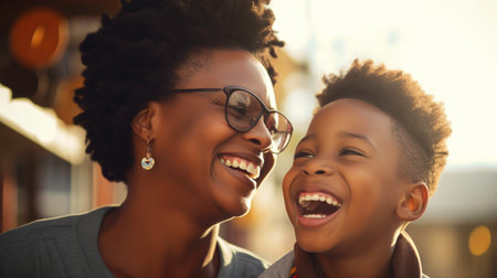 Close up of Black mother and son smilingの素材