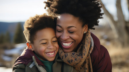 Close up of Black mother and son smilingの素材