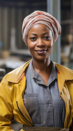 African woman in her 30s, smiling, happy, working in a factoryの素材